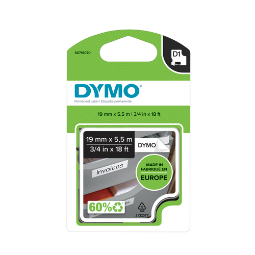 DYMO D1 Labelling Tape - Permanent Polyester - Black on White - 19mmx5.5m-DS0718070