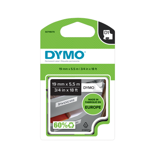 DYMO D1 Labelling Tape - Permanent Polyester - Black on White - 19mmx5.5m-DS0718070