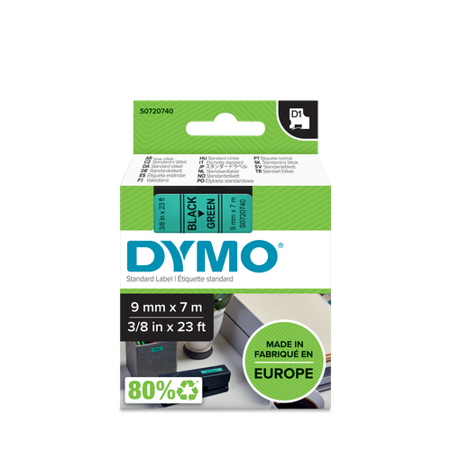 DYMO D1 Labelling Tape -  Removable Polyester - Black on Green - 9mmx7m-DS0720740