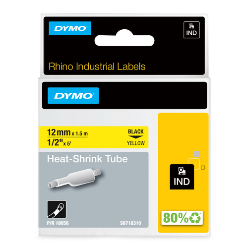 DYMO D1 Labelling Tape - Heat Shrink Tube - Black on Yellow - 12mmx1.5m-DS18056