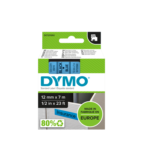 DYMO D1 Labelling Tape -  Removable Polyester - Black on Blue - 12mmx7m-DS0720560