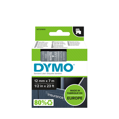 DYMO D1 Labelling Tape -  Removable Polyester - White on Clear - 12mmx7m-DS0720600