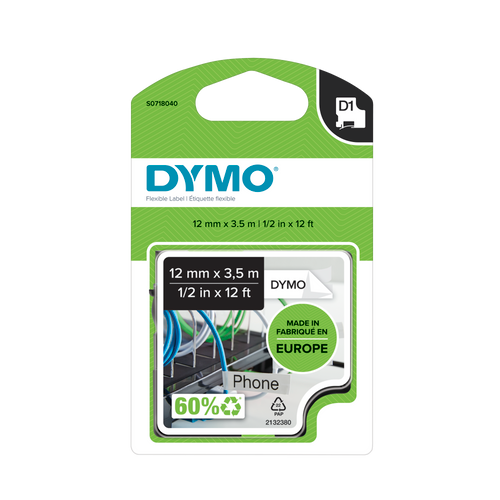 DYMO D1 Labelling Tape - Flexible Nylon - Black on White - 12mmx3.5m-DS0718040