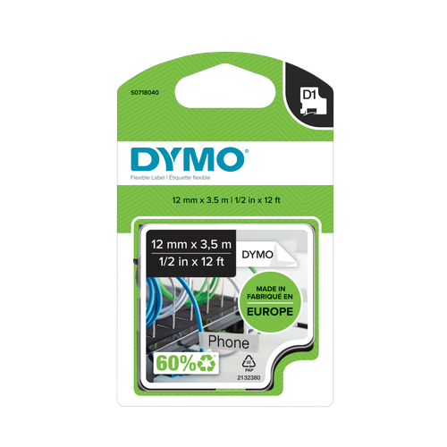 DYMO D1 Labelling Tape - Flexible Nylon - Black on White - 12mmx3.5m-DS0718040