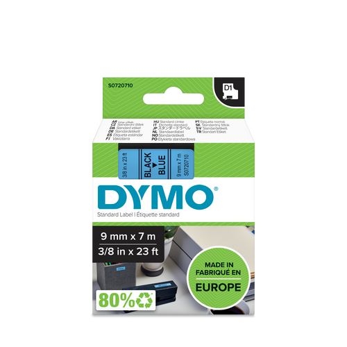 DYMO D1 Labelling Tape -  Removable Polyester - Black on Blue - 9mmx7m-DS0720710