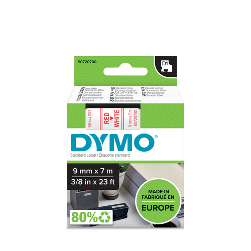 DYMO D1 Labelling Tape -  Removable Polyester - Red on White - 9mmx7m-DS0720700
