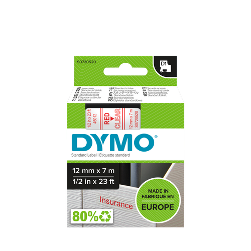 DYMO D1 Labelling Tape -  Removable Polyester - Red on Clear - 12mmx7m-DS0720520