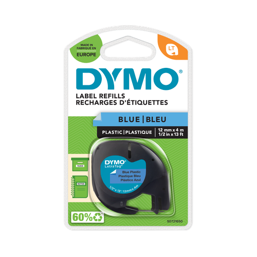 DYMO LetraTag Tape -  Plastic - Black on Blue - 12mmx4m-DS0721650