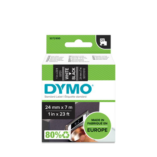 DYMO D1 Labelling Tape -  Removable Polyester - White on Black 24mmx7m-DS0721010