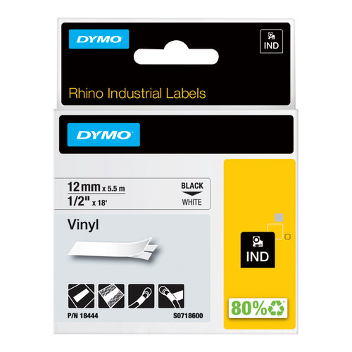 DYMO D1 Labelling Tape - Vinyl - Black on White - 12mmx5.5m-DS18444