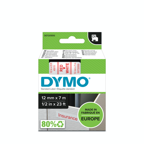 DYMO D1 Labelling Tape -  Removable Polyester - Red on White - 12mmx7m-DS0720550