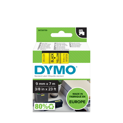 DYMO D1 Labelling Tape -  Removable Polyester - Black on Yellow - 9mmx7m-DS0720730