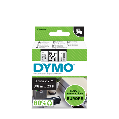 DYMO D1 Labelling Tape -  Removable Polyester - Black on White - 9mmx7m-DS0720680