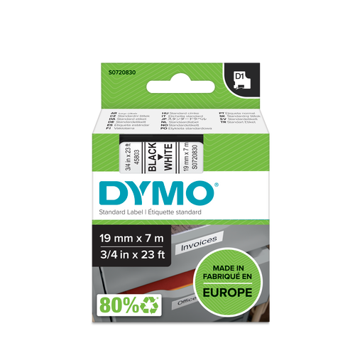 DYMO D1 Labelling Tape -  Removable Polyester - Black on White - 19mmx7m-DS0720830