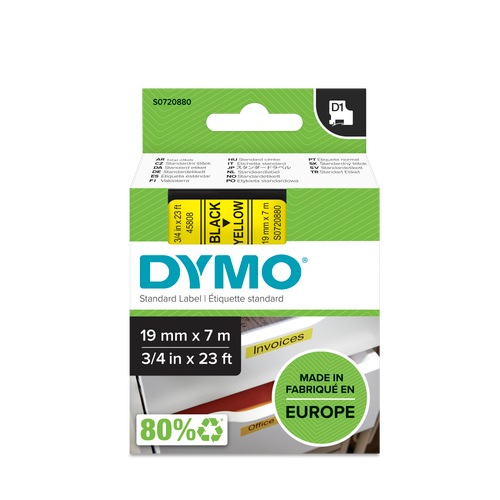 DYMO D1 Labelling Tape -  Removable Polyester - Black on Yellow - 19mmx7m-DS0720880
