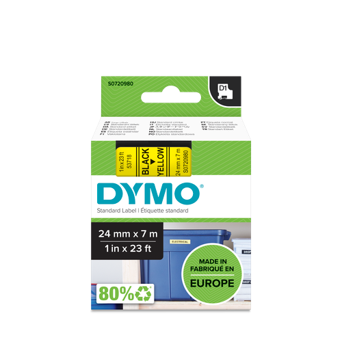 DYMO D1 Labelling Tape -  Removable Polyester - Black on Yellow - 24mmx7m-DS0720980