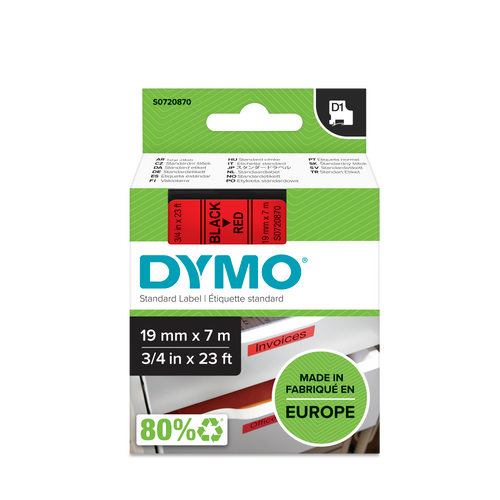 DYMO D1 Labelling Tape -  Removable Polyester - Black on Red - 19mmx7m-DS0720870