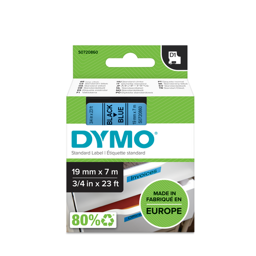 DYMO D1 Labelling Tape -  Removable Polyester - Black on Blue - 19mmx7m-DS0720860
