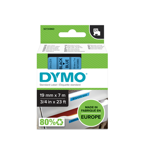 DYMO D1 Labelling Tape -  Removable Polyester - Black on Blue - 19mmx7m-DS0720860