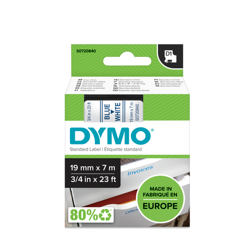 DYMO D1 Labelling Tape -  Removable Polyester - Blue on White - 19mmx7m-DS0720840
