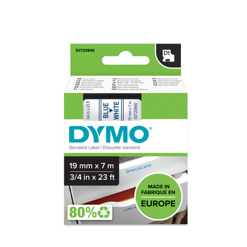 DYMO D1 Labelling Tape -  Removable Polyester - Blue on White - 19mmx7m-DS0720840