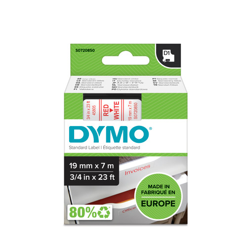 DYMO D1 Labelling Tape -  Removable Polyester - Red on White - 19mmx7m-DS0720850