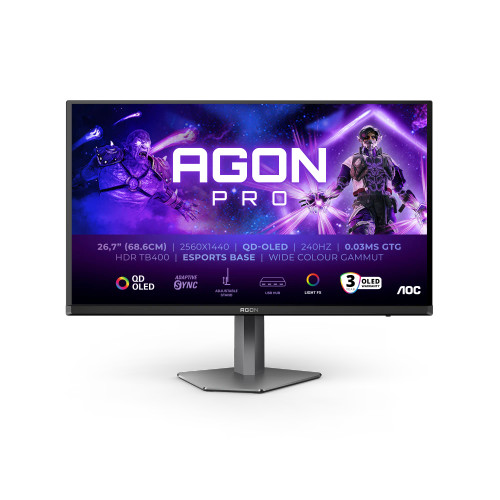 AOC AGON PRO AG276QZD2, 67.8 cm (26.7"), 2560 x 1440 pixels, Quad HD, QD-OLED, 0.03 ms, Grey AOC AGON PRO AG276QZD2, 67.8 cm (26.7"), 2560 x 1440 pixels, Quad HD, QD-OLED, 0.03 ms, Grey