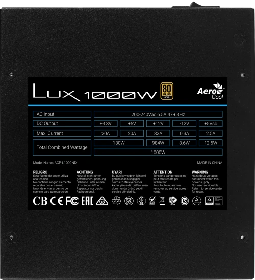 Aerocool LUX Gold 1000W  PSU - ATX 24 PIN; 1x 4+4PIN CPU; 8x SATA; 4x PATA; 4x PCIe 6+2PIN. 