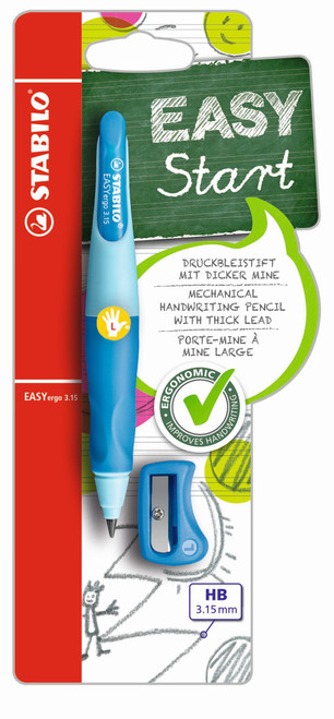 STABILO EASYergo 3.15 Ergonomic Mechanical HB Pencil & Sharpener - Left-handers:  Light Blue/Dark Blue Card 1's-B-46867-10
