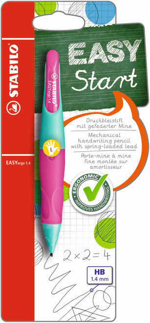 STABILO EASYergo 1.4 Ergonomic Mechanical HB Pencil - Left-handers: Turquoise/Neon Pink Card 1's-B-46890-10 STABILO EASYergo 1.4 Ergonomic Mechanical HB Pencil - Left-handers: Turquoise/Neon Pink Card 1's-B-46890-10
