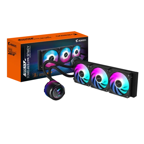 GIGABYTE AORUS WATERFORCE X II 360 AIO Liquid CPU Cooler - 3x120mm ARGB Fans, full-color LCD, MAGNETIC interlocking mechanism, DAISY-CHAIN, Intel LGA 1851 and AMD AM5 Compatible, All-in-one liquid cooler, 12 cm, Black