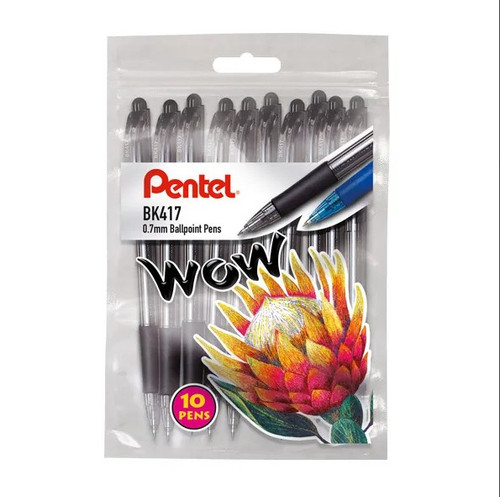 Pentel Wow Retractable Ballpoint Pen 0.7mm Black - Wallet Pack of 10