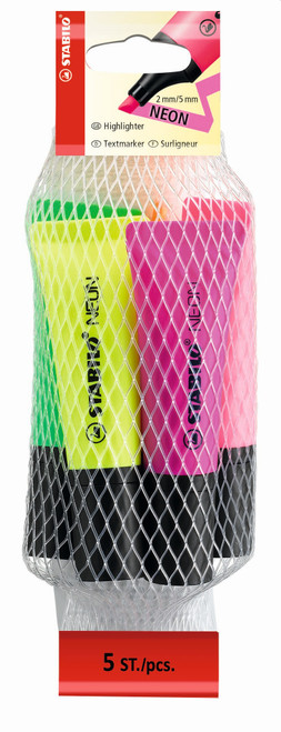 STABILO NEON Highlighter Bag of 5 (Yellow, Green, Orange, Pink and Magenta)-72-5-2