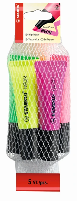 STABILO NEON Highlighter Bag of 5 (Yellow, Green, Orange, Pink and Magenta)-72-5-2