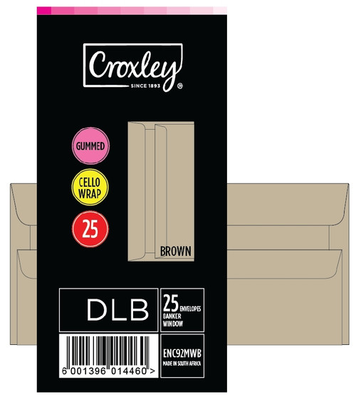 CROXLEY JD92MWBC DLB (Banker) Brown Window Gummed Envelopes - Cellowrapped 25's (Box of 20 Packets)-ENC92MWB