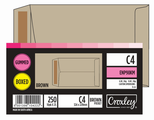 CROXLEY JD98KM C4 Brown Gummed Envelopes - Unbanded (Box of 250)-ENP98KM CROXLEY JD98KM C4 Brown Gummed Envelopes - Unbanded (Box of 250)-ENP98KM