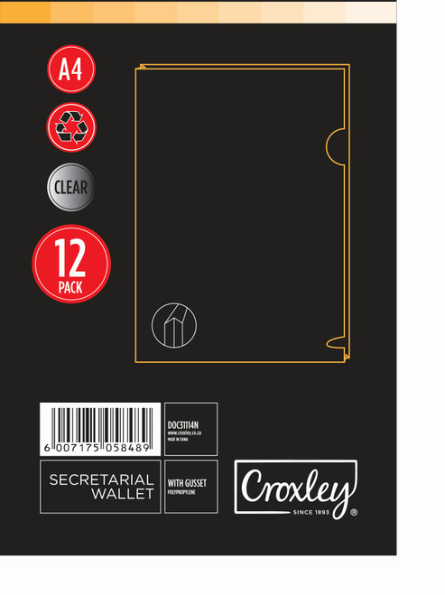 CROXLEY Document Wallet with Gusset - A4 (Clear) (Pack of 12)-DOC31114N CROXLEY Document Wallet with Gusset - A4 (Clear) (Pack of 12)-DOC31114N