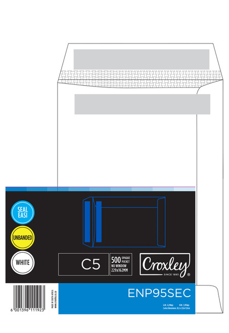 CROXLEY JD95SEC C5 White Seal Easi Envelopes - Unbanded (Box of 500)-ENP95SEC CROXLEY JD95SEC C5 White Seal Easi Envelopes - Unbanded (Box of 500)-ENP95SEC
