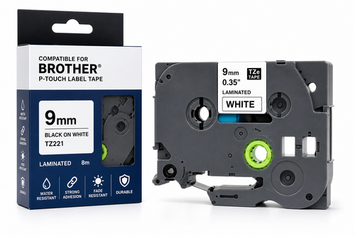Compatible Brother Laminated Tape 9mm X 8m Black On White - BROTZ221-KOL-KOL
