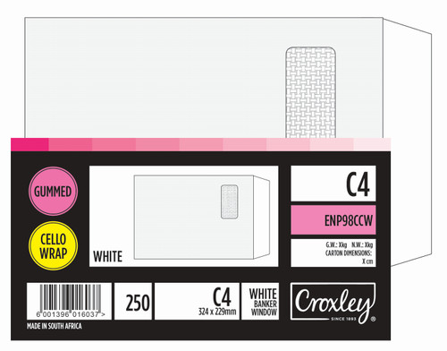 CROXLEY JD98CCW C4 White Window Envelopes - Unbanded (Box of 250)-ENP98CCW CROXLEY JD98CCW C4 White Window Envelopes - Unbanded (Box of 250)-ENP98CCW