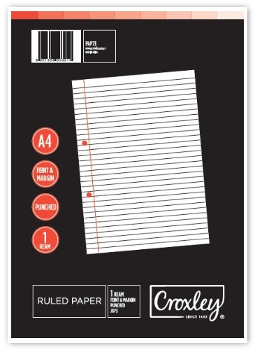 CROXLEY JD73 A4 Ruled Paper Feint & Margin Punched Single Sheet 1Ream-PAP73