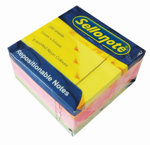 SELLO-NOTE 51x51mm 5 Assorted Neon Colours 1x250 Sheets Each-SN25101 SELLO-NOTE 51x51mm 5 Assorted Neon Colours 1x250 Sheets Each-SN25101