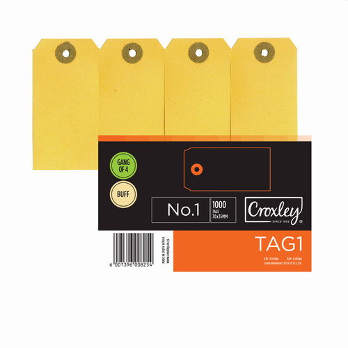 CROXLEY JD1 Buff Manilla Tags Gangs of 4 - No.1 - 70X35 (Box of 1000)-TAG1 CROXLEY JD1 Buff Manilla Tags Gangs of 4 - No.1 - 70X35 (Box of 1000)-TAG1