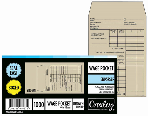 CROXLEY JD57SEP  Printed Wage Pocket - Latex Seal Easi No.57 - 108x84 (Box of 1000)-ENP57SEP
