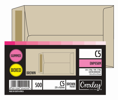 CROXLEY JD95KM C5 Brown Gummed Envelopes - Unbanded (Box of 500)-ENP95KM CROXLEY JD95KM C5 Brown Gummed Envelopes - Unbanded (Box of 500)-ENP95KM