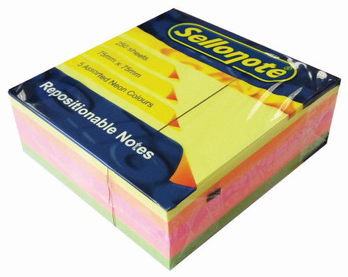 SELLO-NOTE 75x75mm 5 Assorted Colours Neon 1x250 Sheets Each-SN27501 SELLO-NOTE 75x75mm 5 Assorted Colours Neon 1x250 Sheets Each-SN27501
