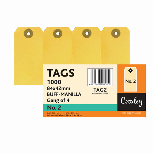 CROXLEY JD2  Buff Manilla Tags Gangs of 4 - No.2 - 84X42 (Box of 1000)-TAG2