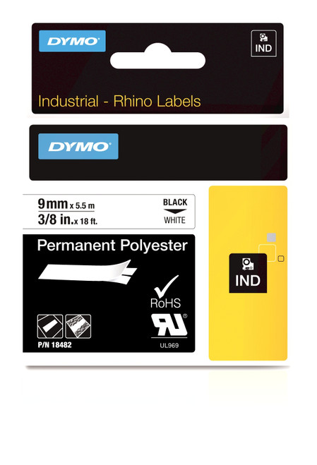 DYMO D1 Labelling Tape - Permanent Polyester - Black on White - 9mmx5m-18482 DYMO D1 Labelling Tape - Permanent Polyester - Black on White - 9mmx5m-18482