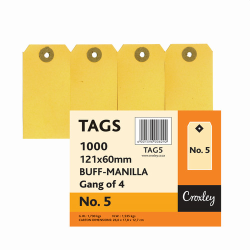 CROXLEY JD5 Buff Manilla Tags Gangs of 4 - No.5 - 121X60 (Box of 1000)-TAG5 CROXLEY JD5 Buff Manilla Tags Gangs of 4 - No.5 - 121X60 (Box of 1000)-TAG5