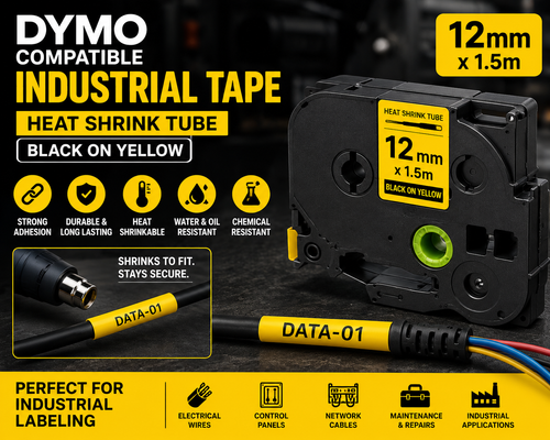 DYMO Compatible Industrial Tape 12mm x 1.5m Heat Shrink Tube Black On Yellow